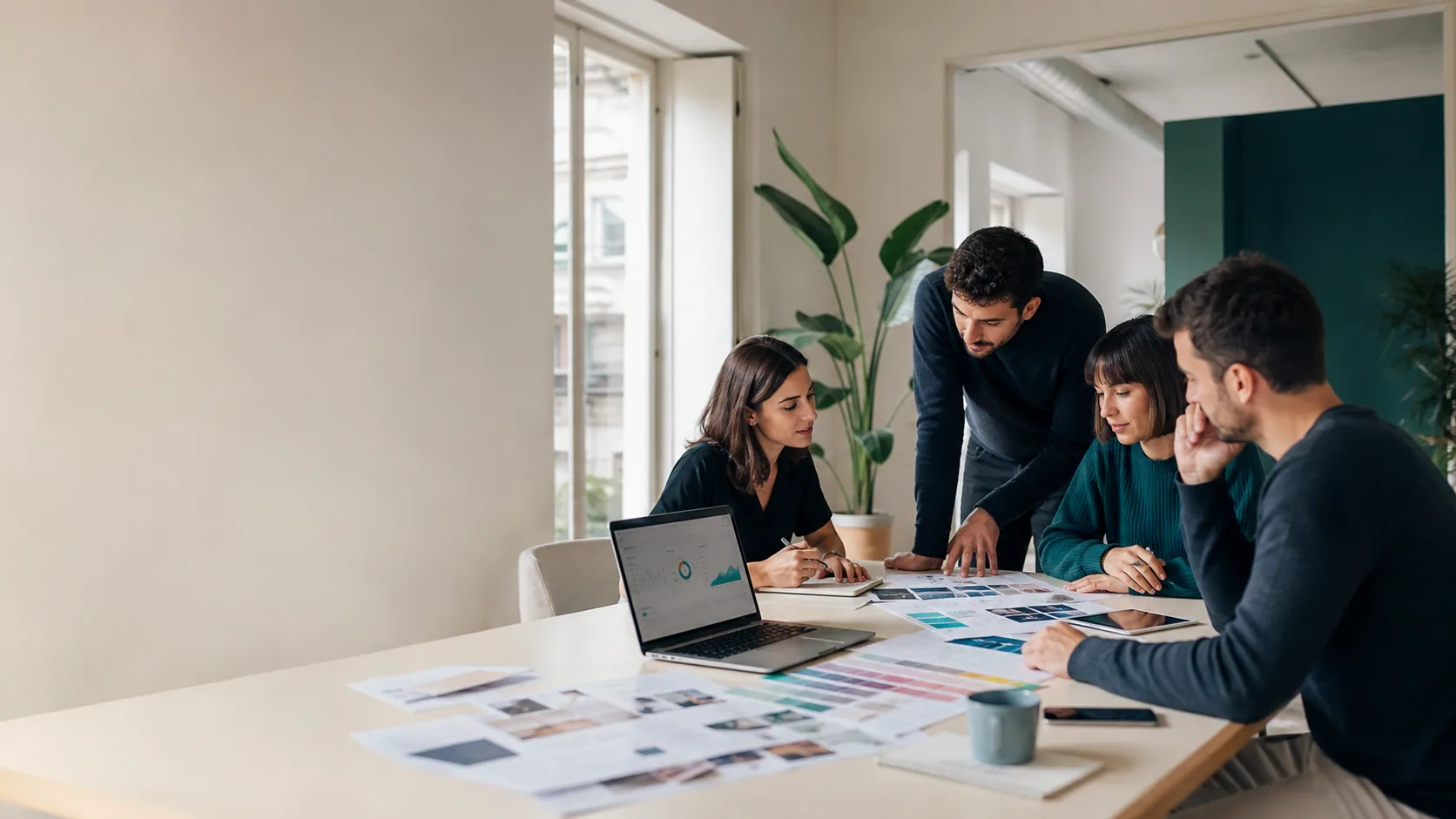 Equipo creativo colaborando en un estudio moderno con portátil, móvil y materiales de estrategia digital