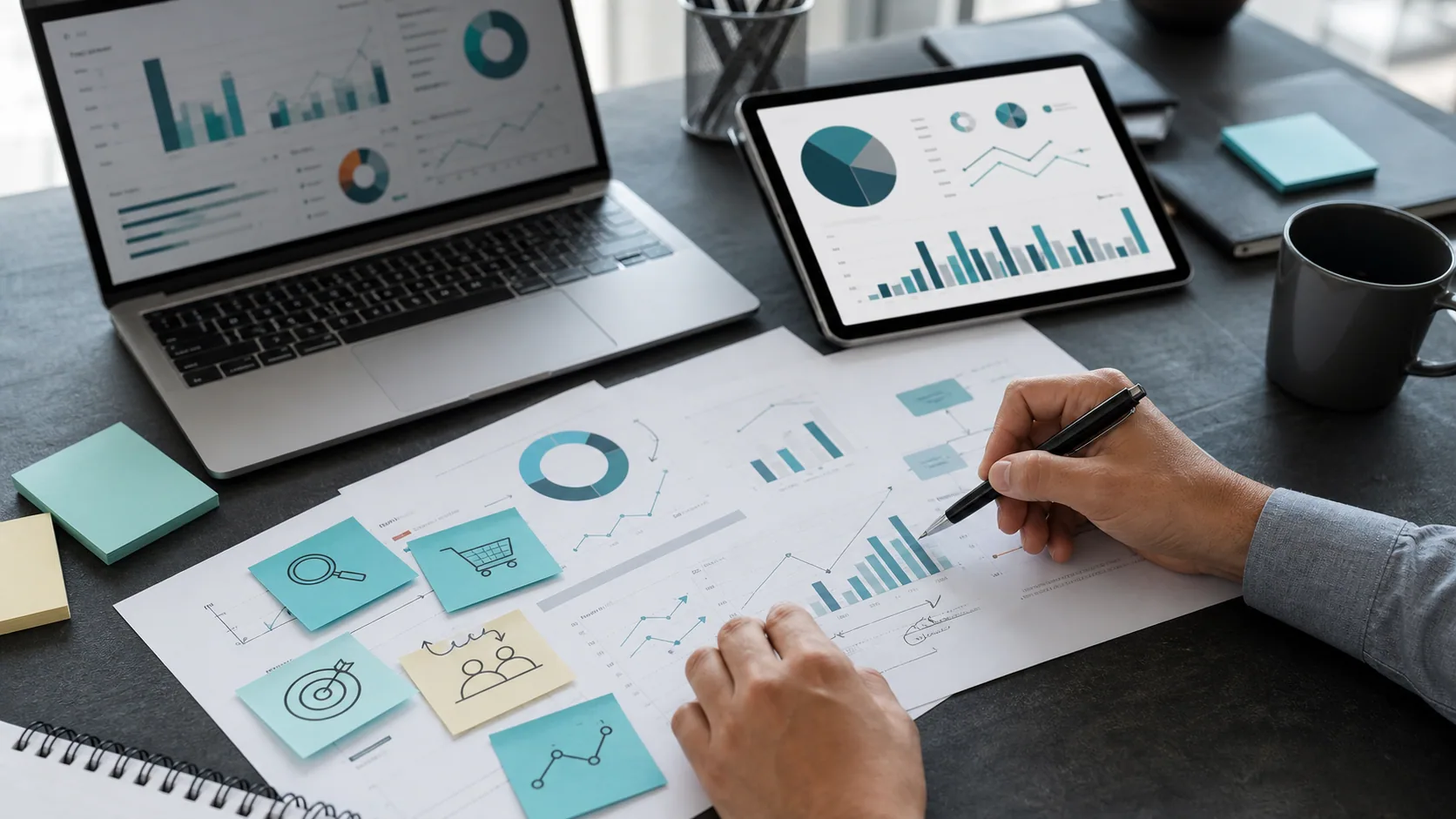 Mesa de trabajo con portátil, tablet, gráficas y notas de optimización de marketing
