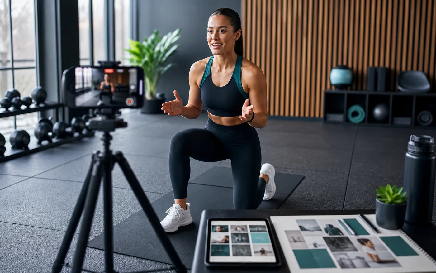 Estudio fitness moderno con grabación de contenido para redes sociales