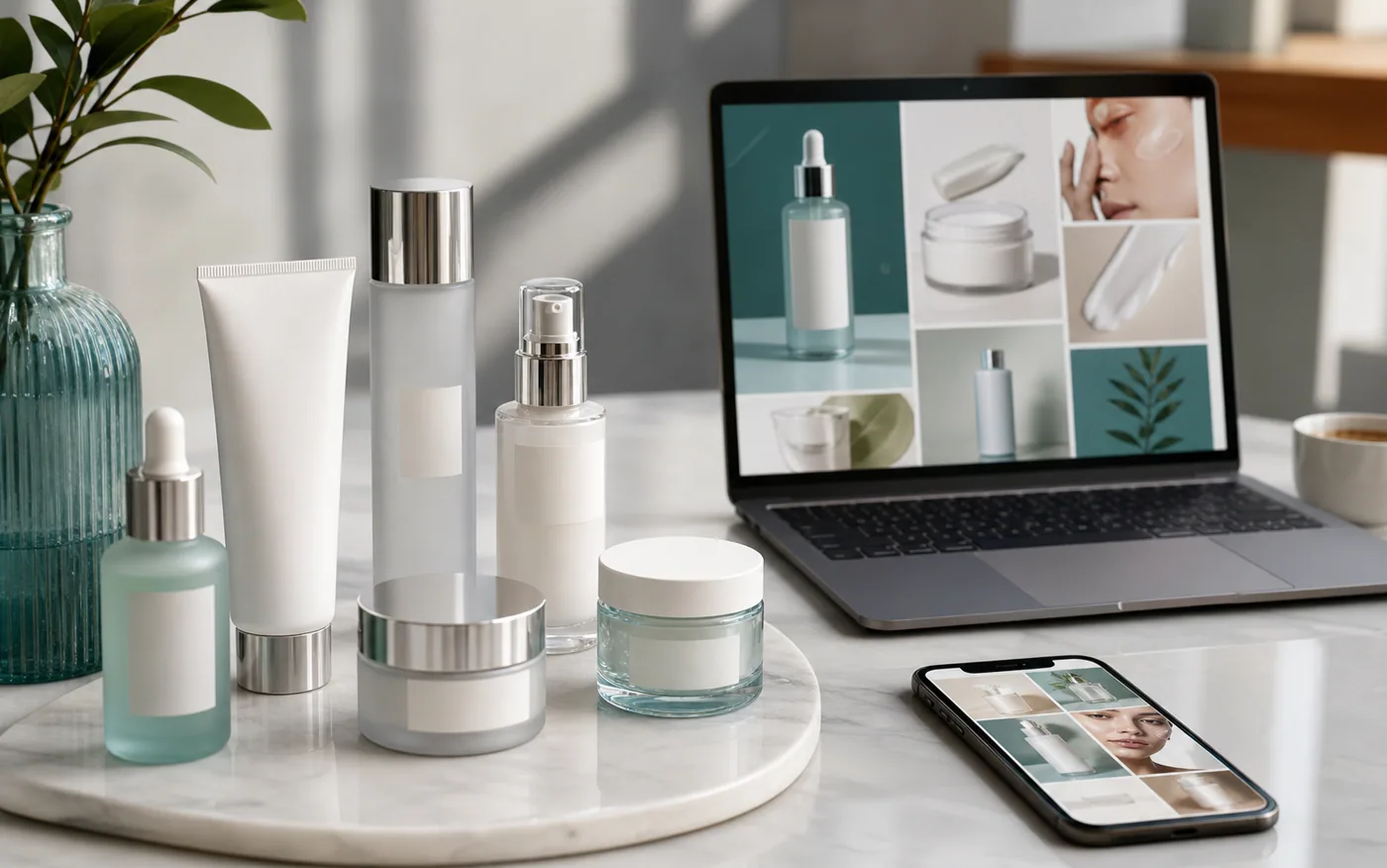 Productos cosméticos premium junto a dispositivos con piezas visuales de campaña digital