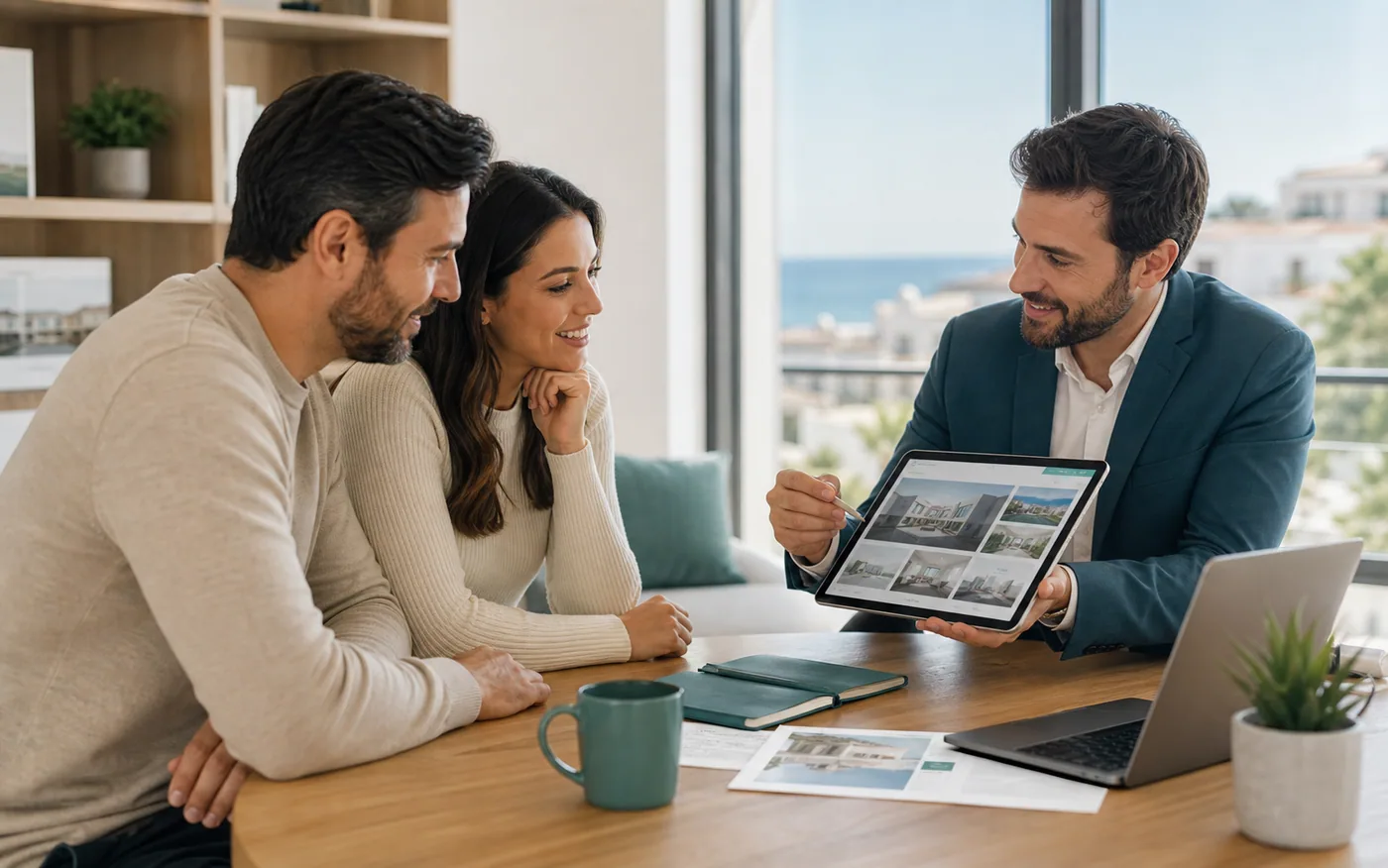 Agente inmobiliaria mostrando una landing de propiedades en una tablet durante una visita