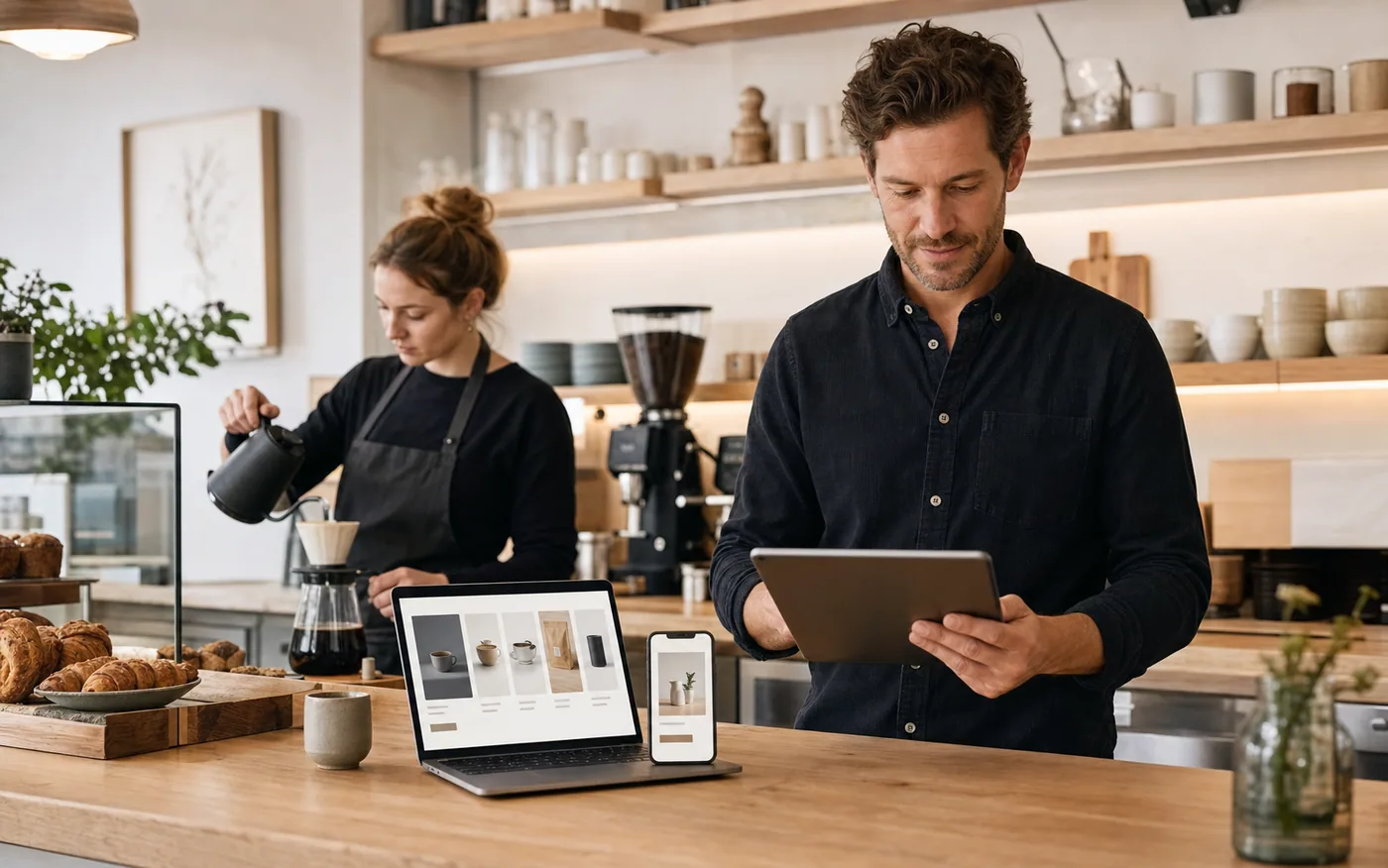 Cafetería moderna con barista y revisión de pedidos online en dispositivos digitales